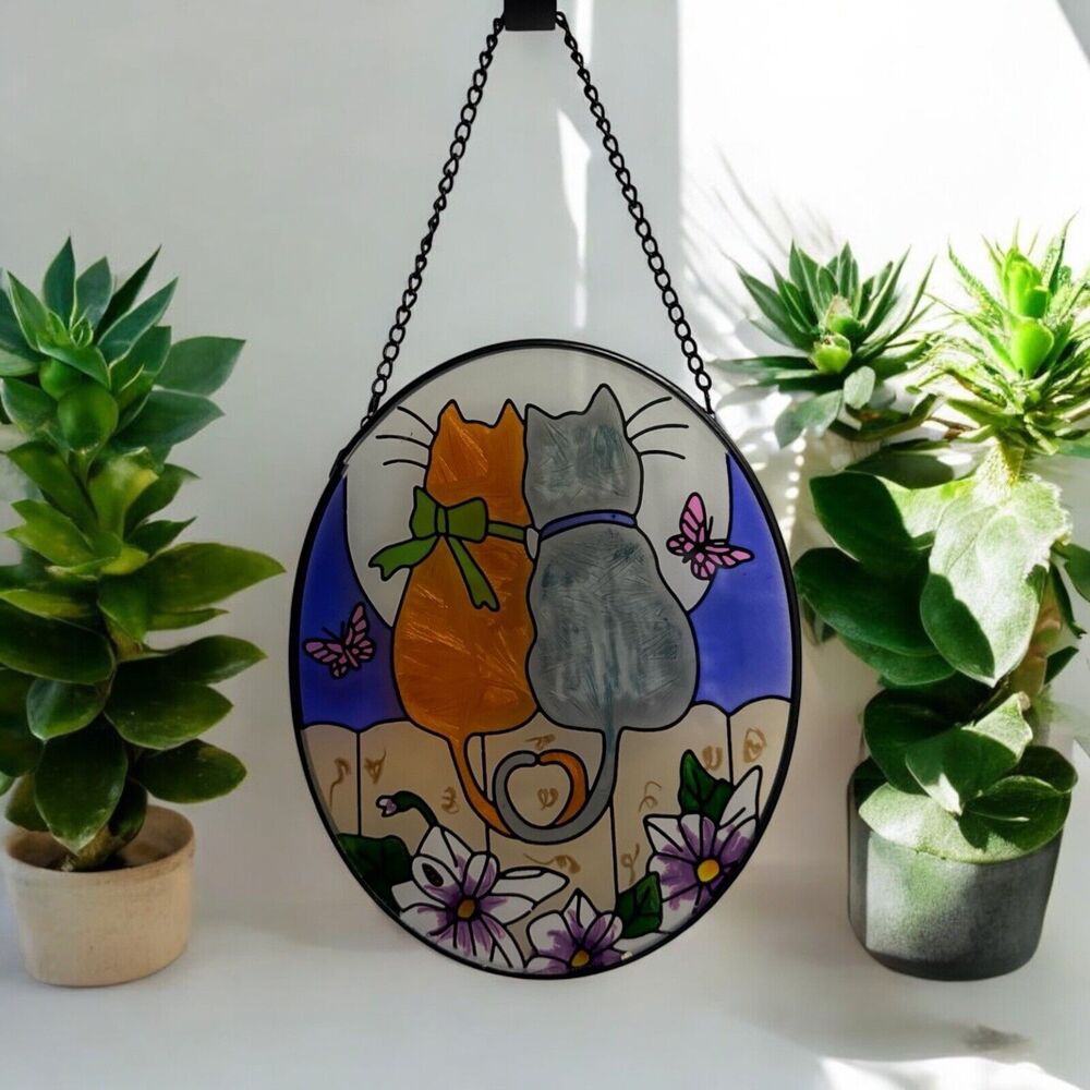 Vintage Love Cats Cuddling Cats Sun Catcher 8" X 10" Cat Lover Gift Kitty